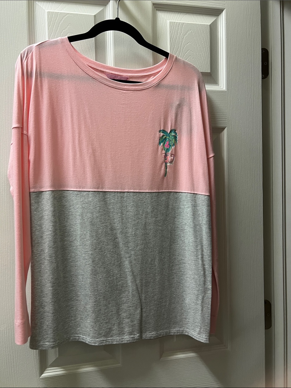 Lilly Pulitzer Pink and Gray Colorblock Long-Sleeve Top with Palm Embroidery